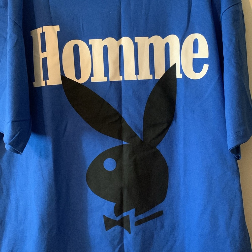 NWT Playboy Bunny X Homme + Femme Short Sleeve Shirt Blue - Picture 2 of 7